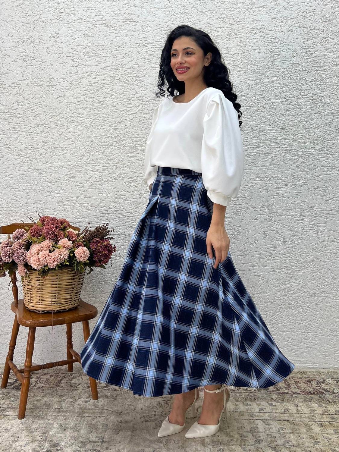 Pileli Kolaj Koyu Mavi Ekose Etek