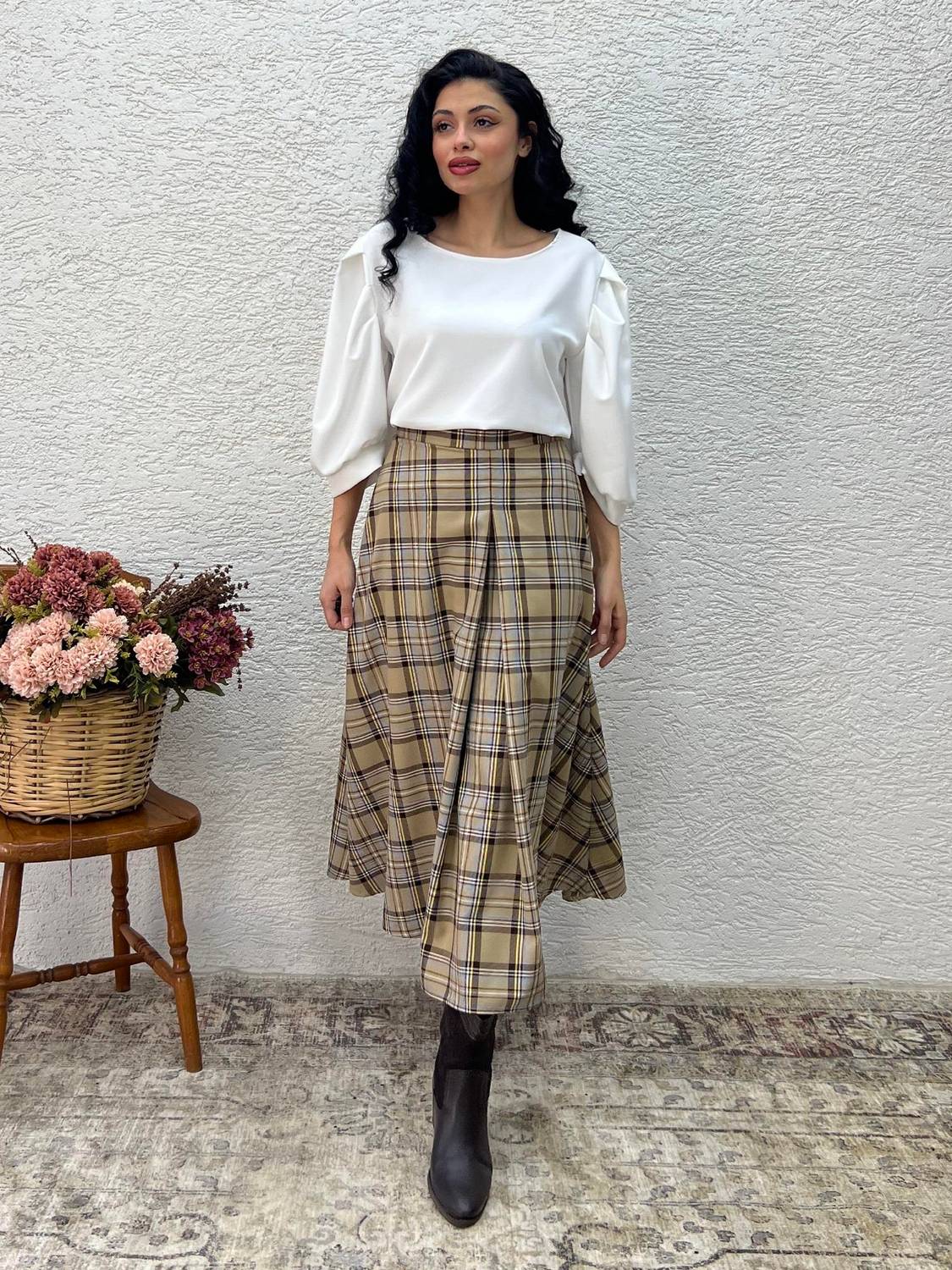 Pileli Kolaj Krem Kahve Ekose Etek