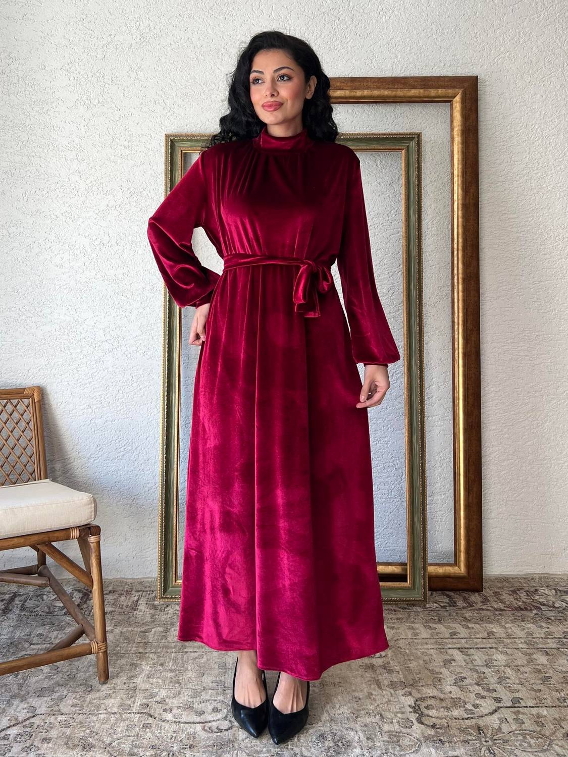 Bordo Uzun Kadife Elbise
