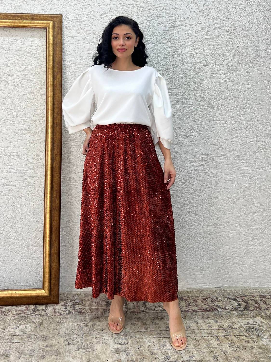 Kiremit Rengi Payet Uzun Etek