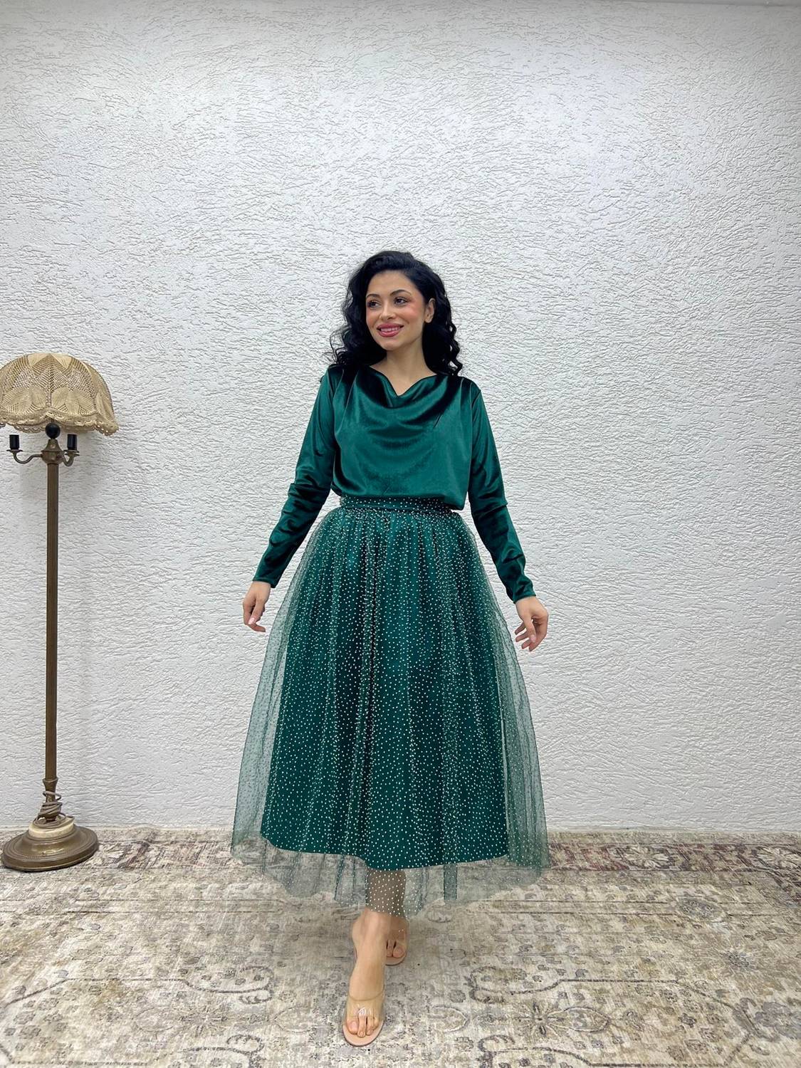 Yeşil Tüllü Simli Etek