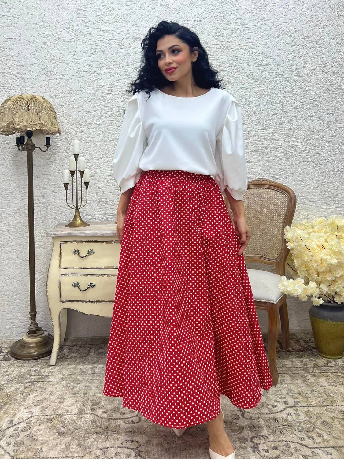 Puantiyeli Kırmızı Renk Kloş Poplin Etek