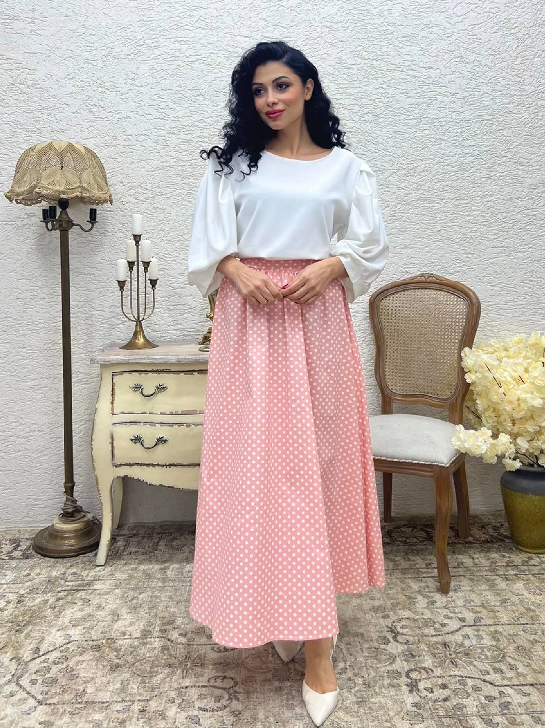 Puantiyeli Pudra Renk Kloş Poplin Etek