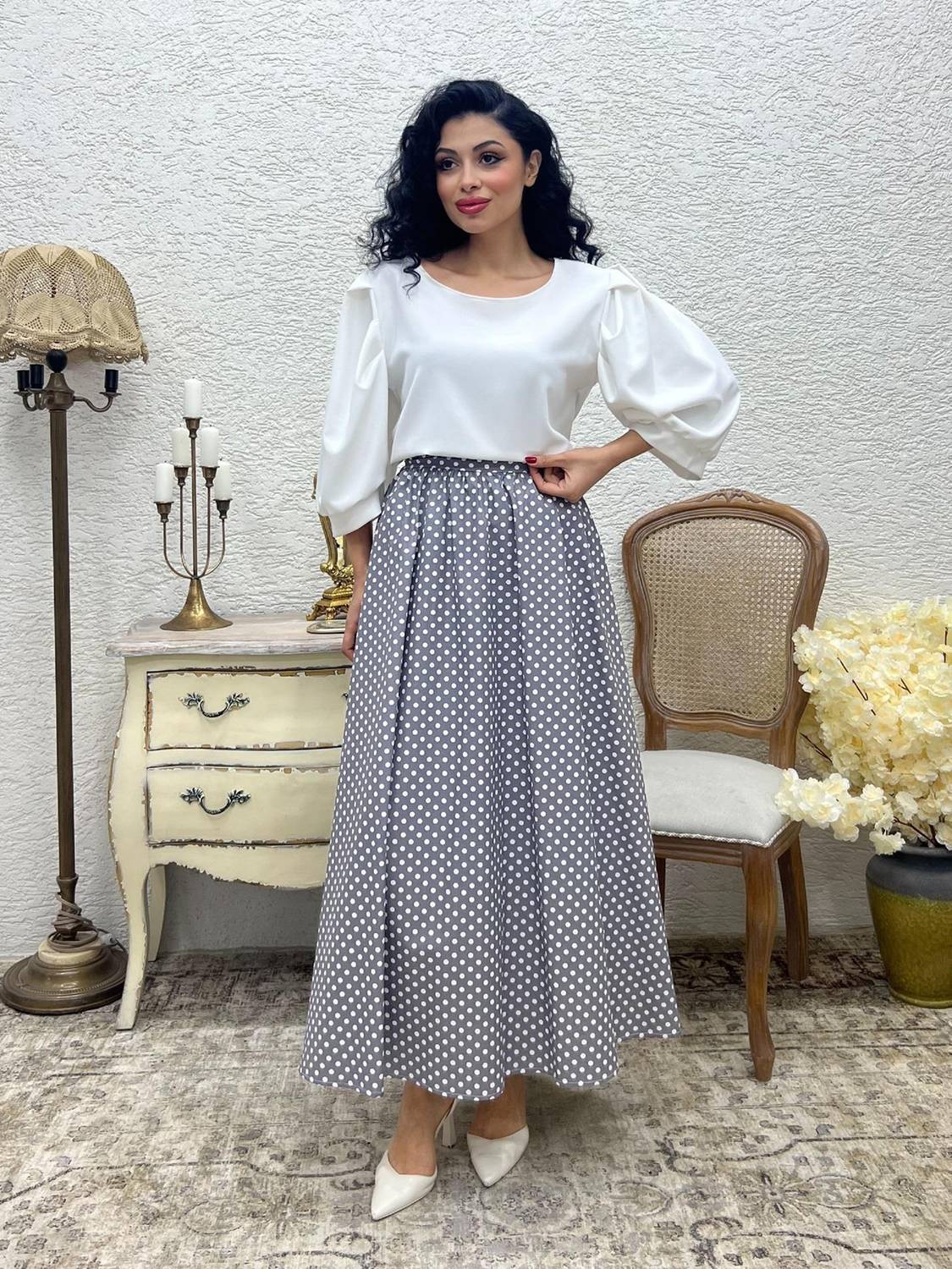 Puantiyeli Gri Renk Kloş Poplin Etek