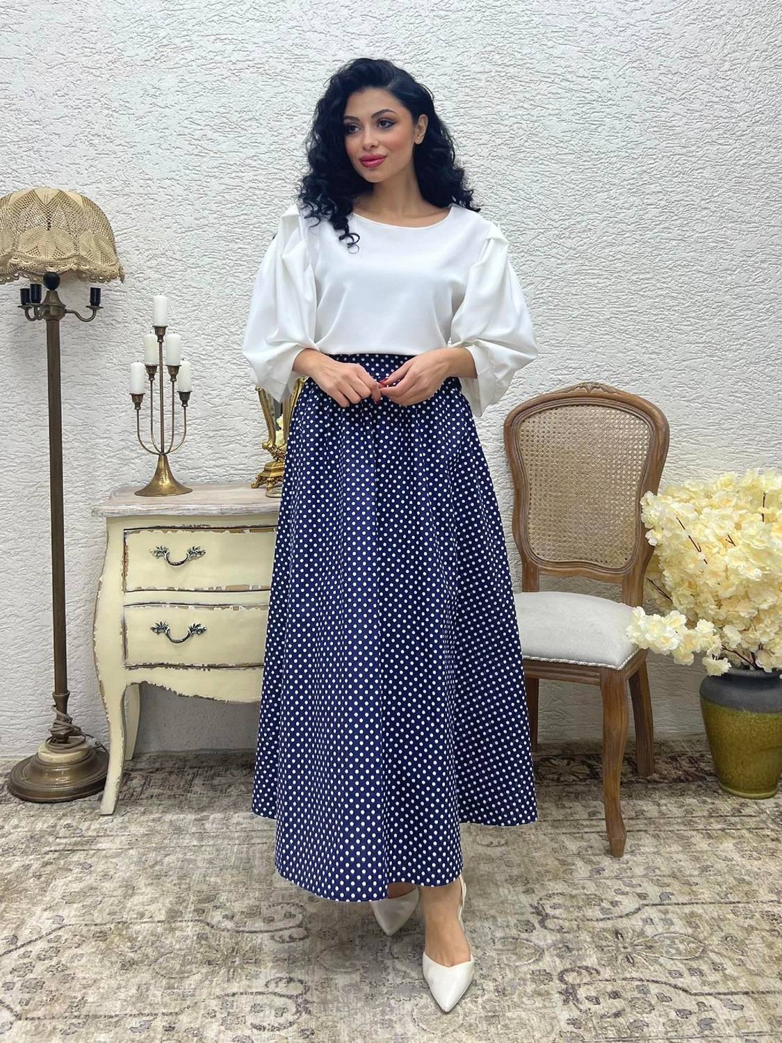 Puantiyeli Lacivert Renk Kloş Poplin Etek