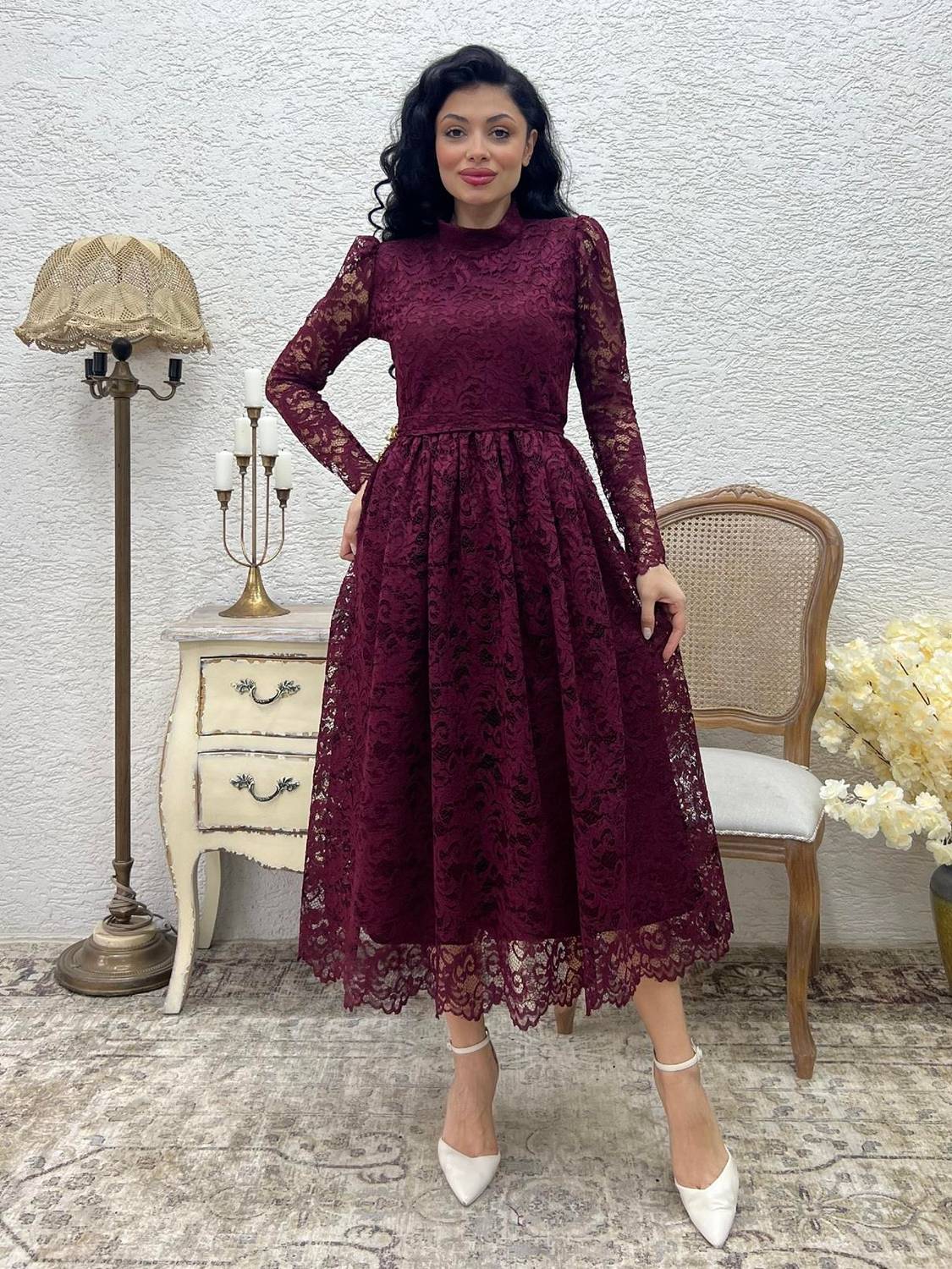Bordo Boğazlı Dantel Elbise