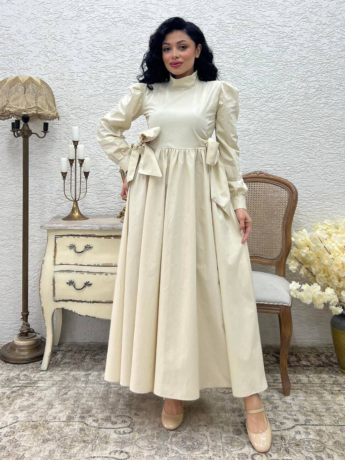 Tesettür Bej Fiyonklu Uzun Poplin Kloş