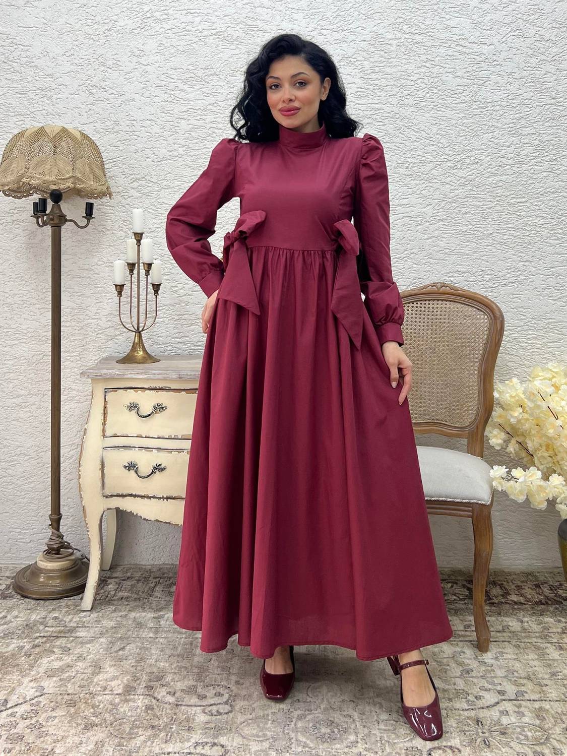 Tesettür Bordo Fiyonklu Uzun Poplin Kloş