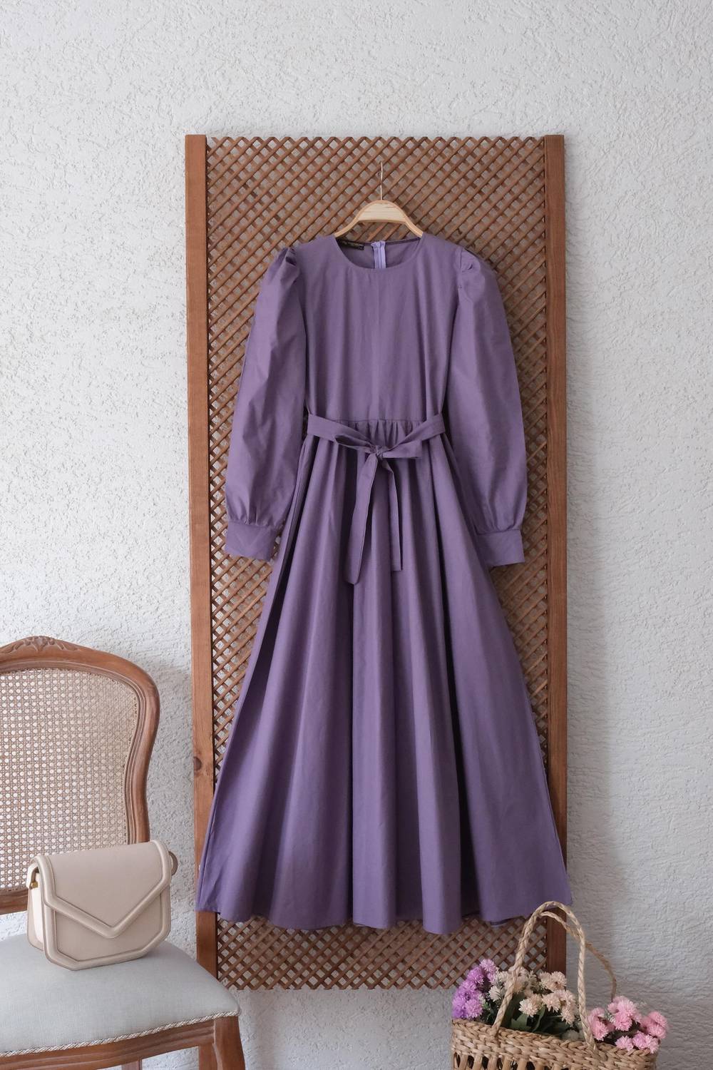 Tesettür Lila Poplin Kloş Elbise