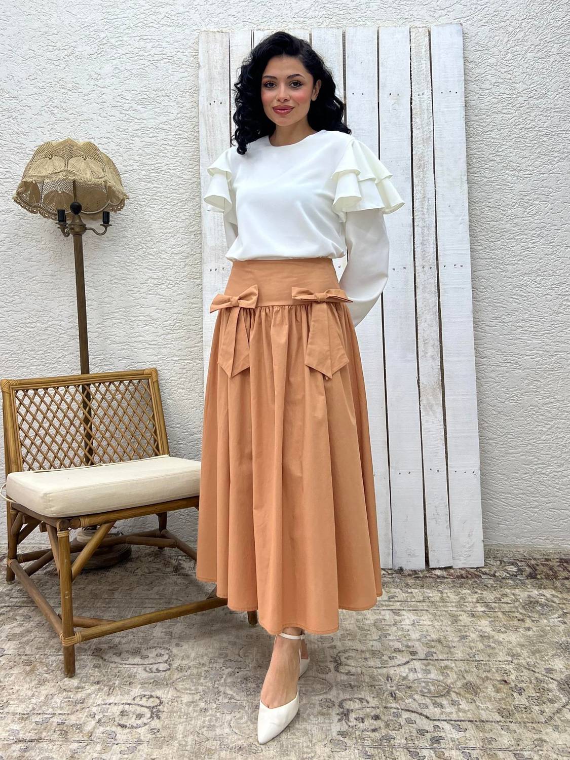 Camel Fiyonklu Poplin Etek