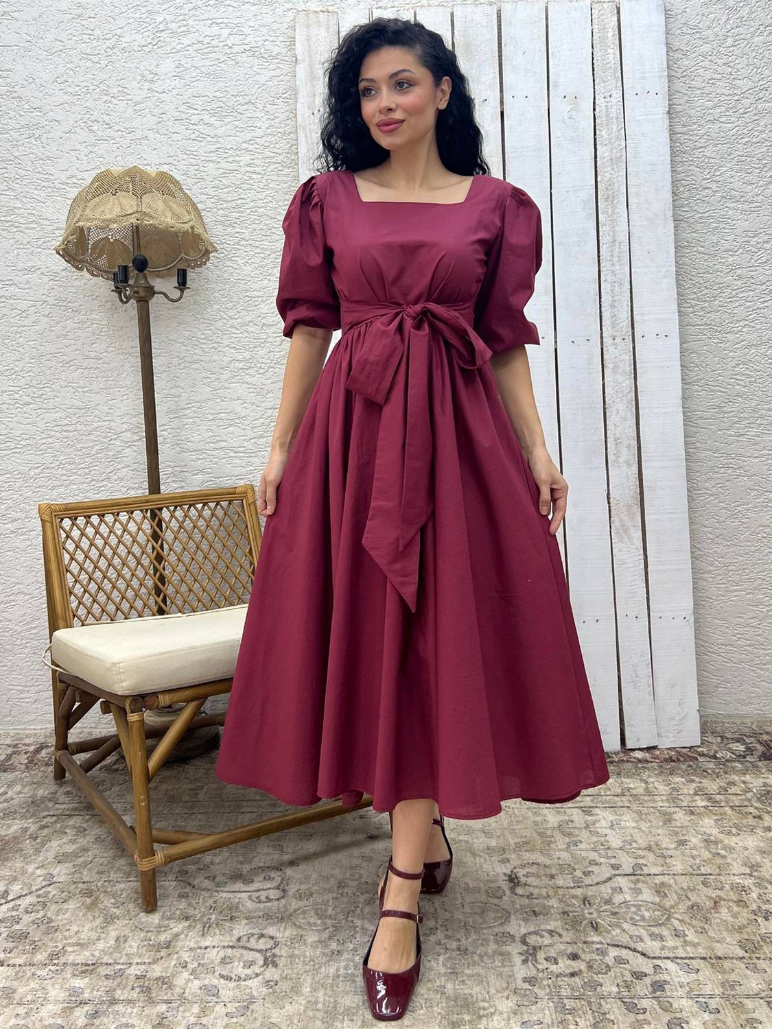 Bordo Uzun Fiyonklu Kloş Poplin Elbise