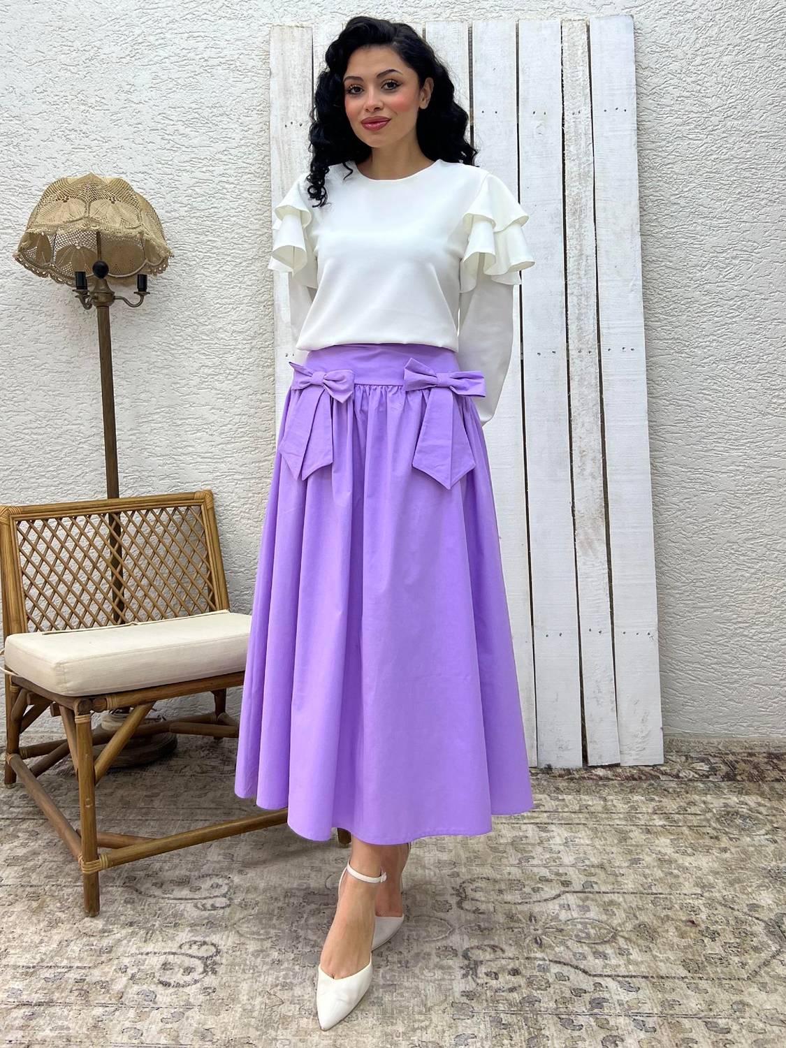 Lila Fiyonklu Poplin Etek