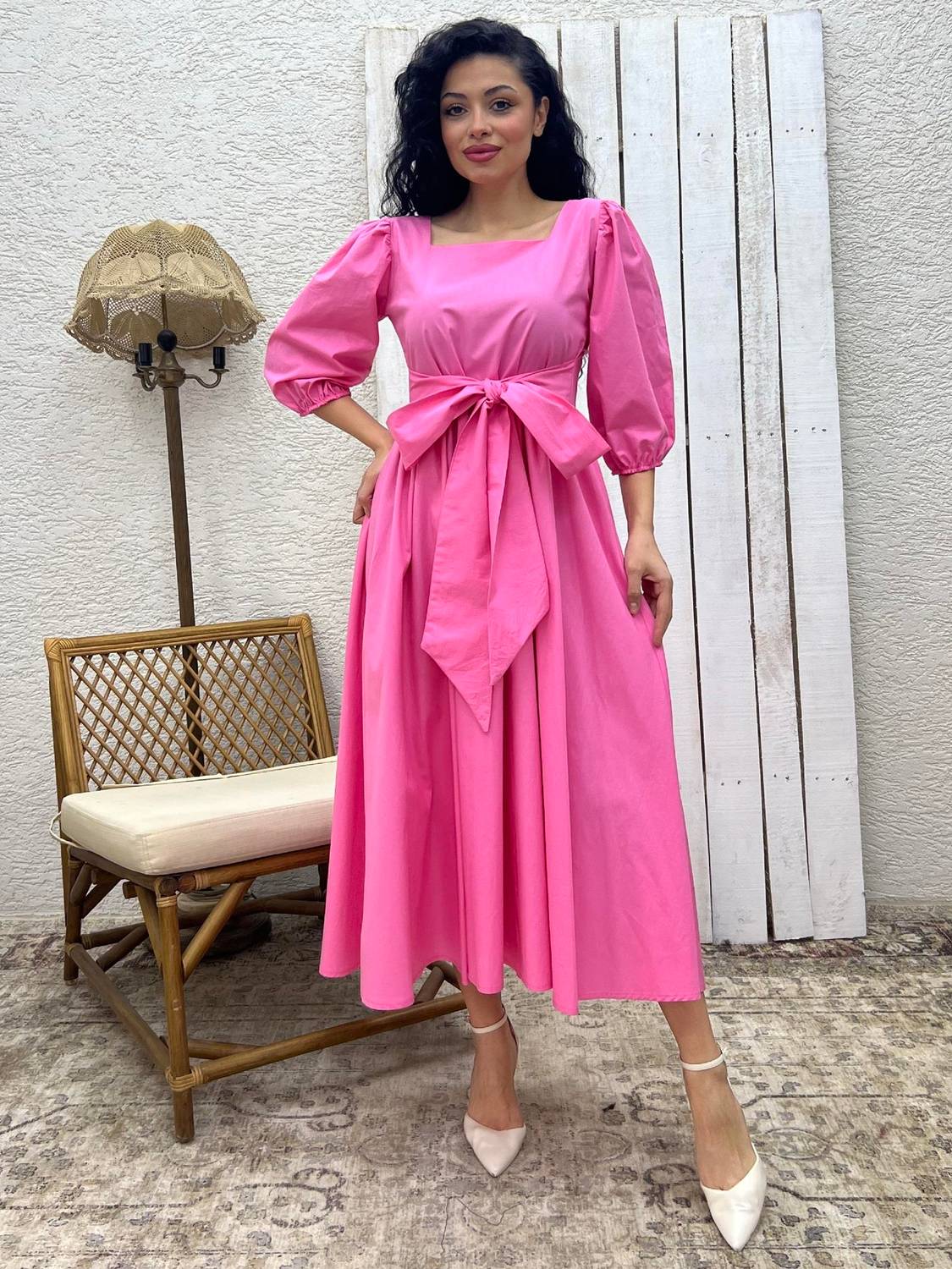 Pembe Uzun Fiyonklu Kloş Poplin Elbise