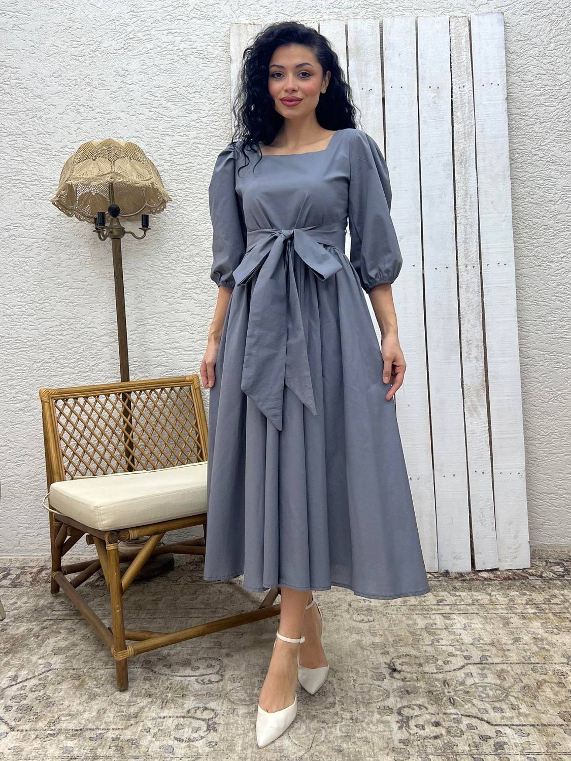 Gri Uzun Fiyonklu Kloş Poplin Elbise