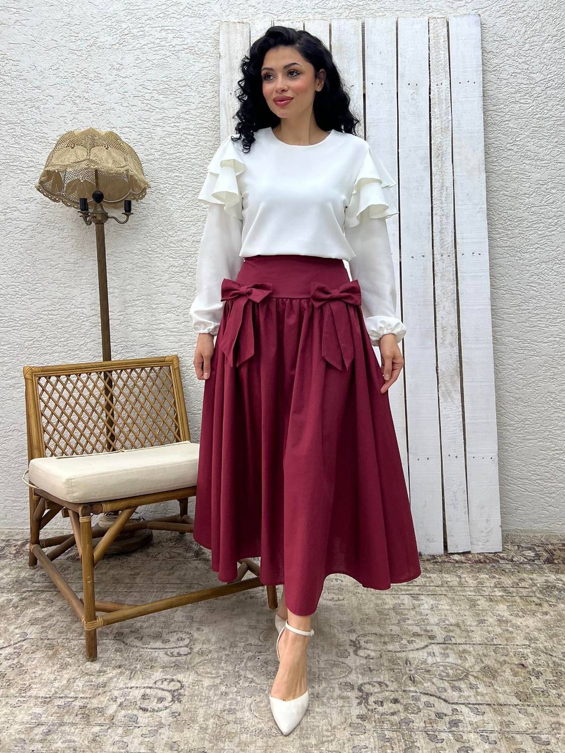 Bordo Fiyonklu Poplin Etek