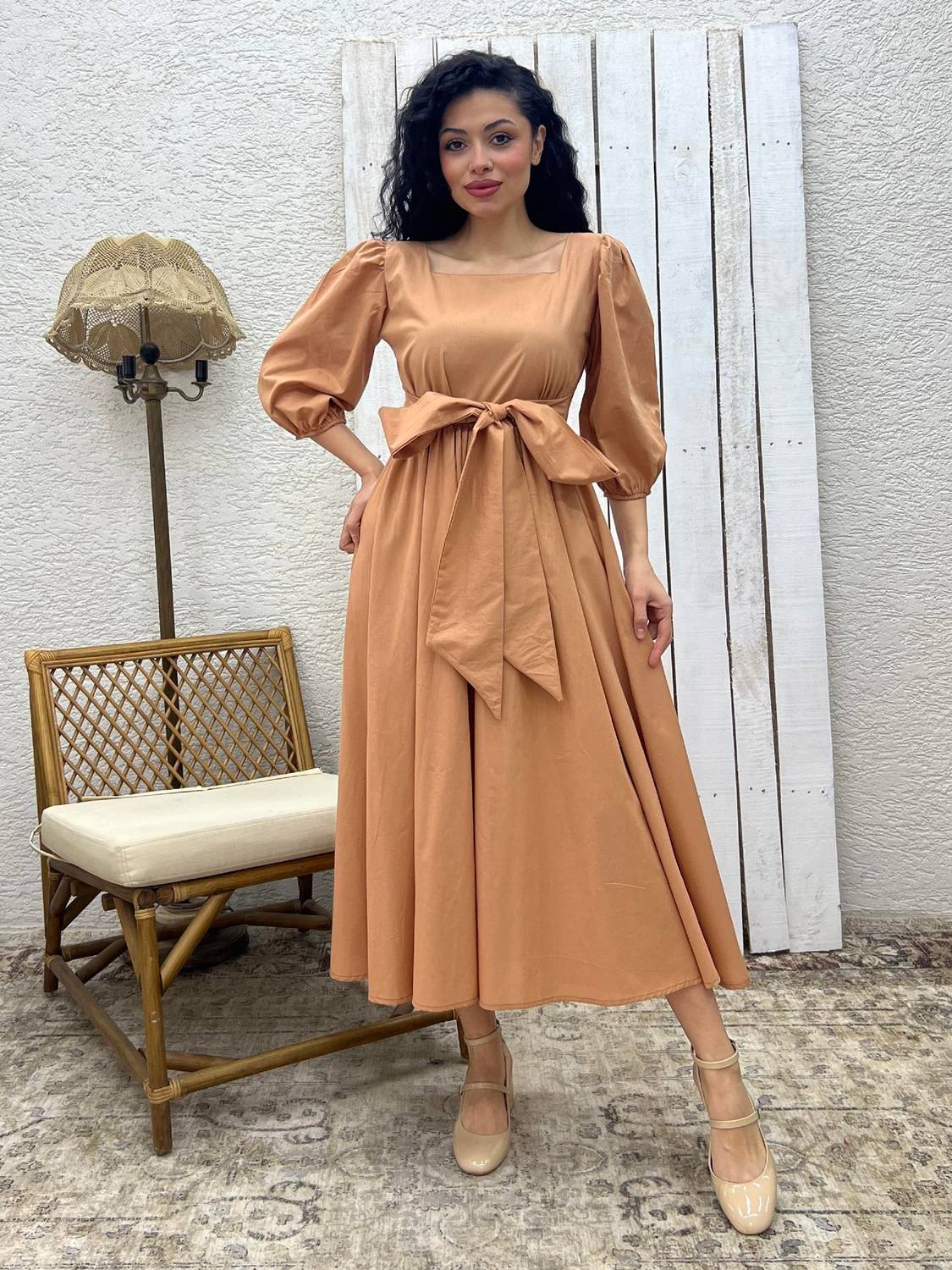 Camel Uzun Fiyonklu Kloş Poplin Elbise