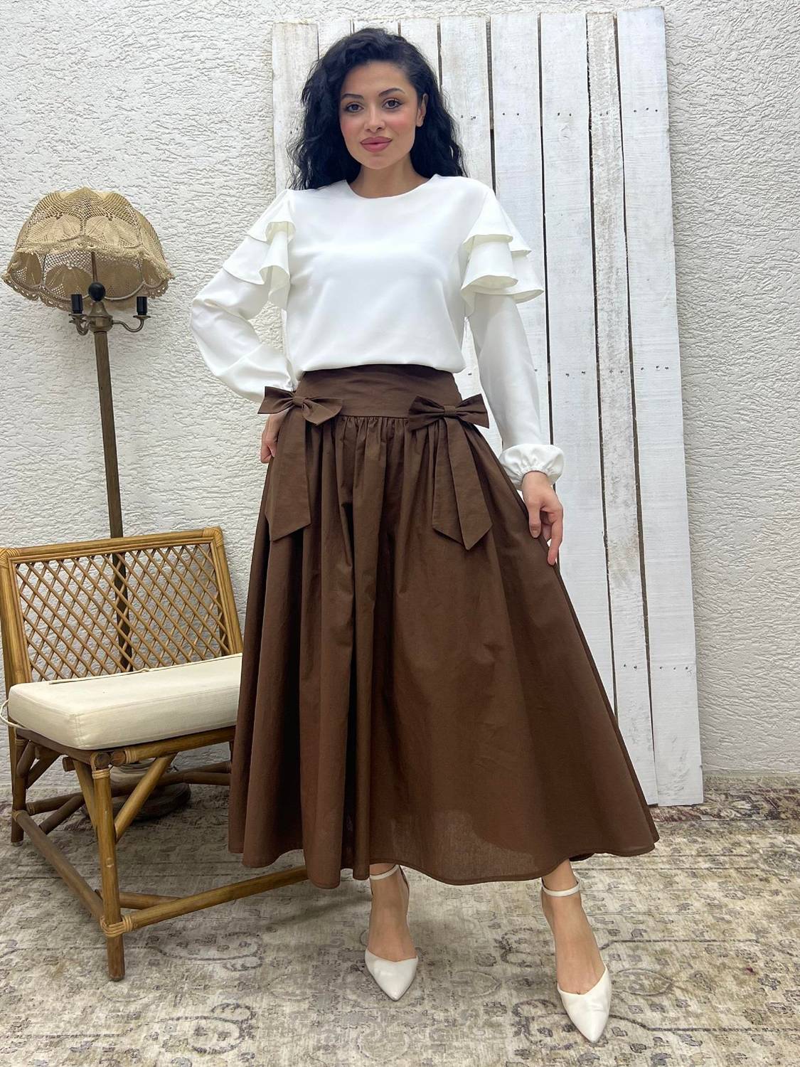 Kahverengi Fiyonklu Poplin Etek
