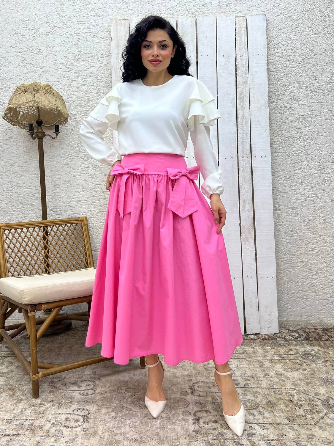 Pembe Fiyonklu Poplin Etek