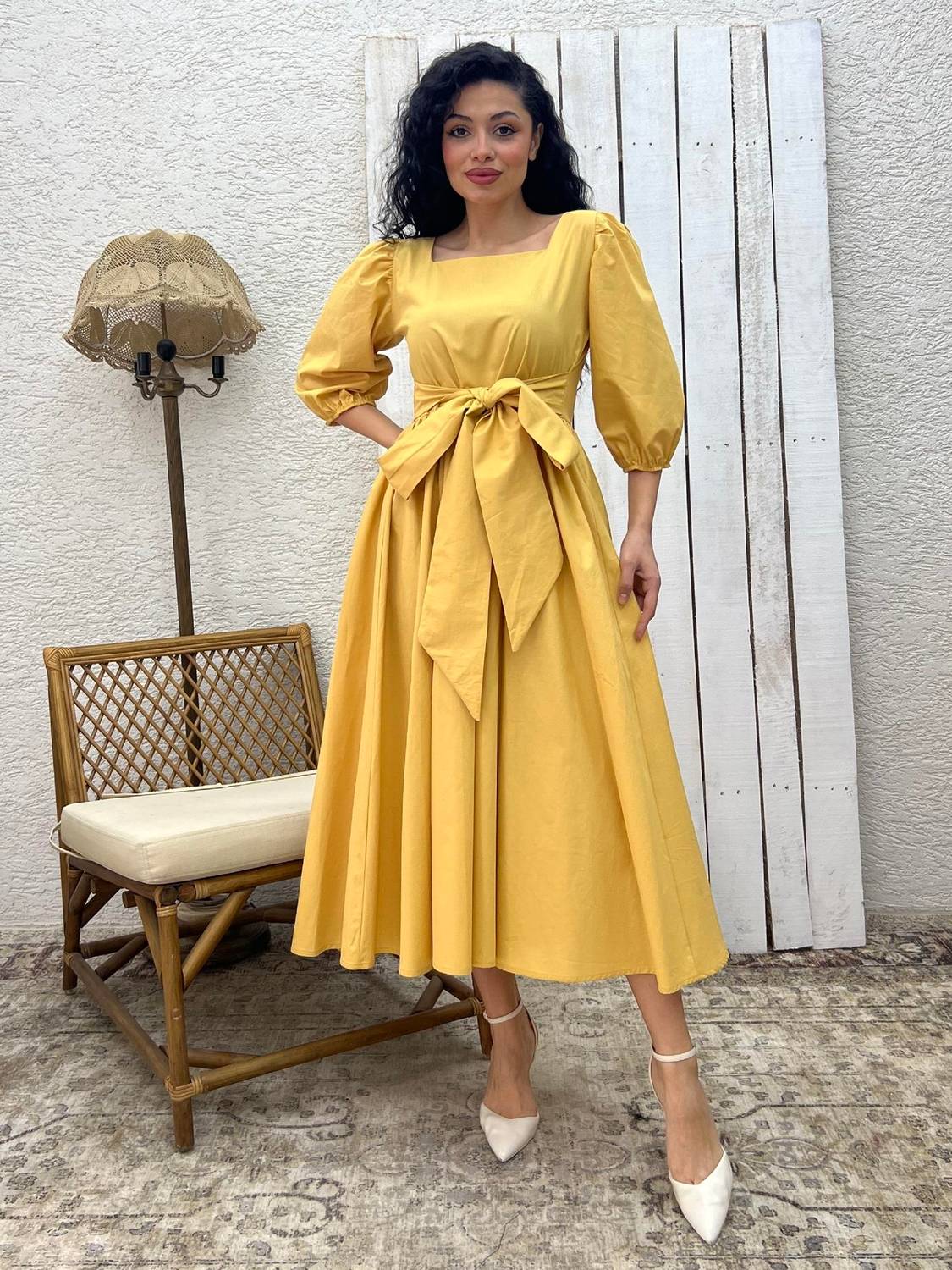 Hardal Uzun Fiyonklu Kloş Poplin Elbise