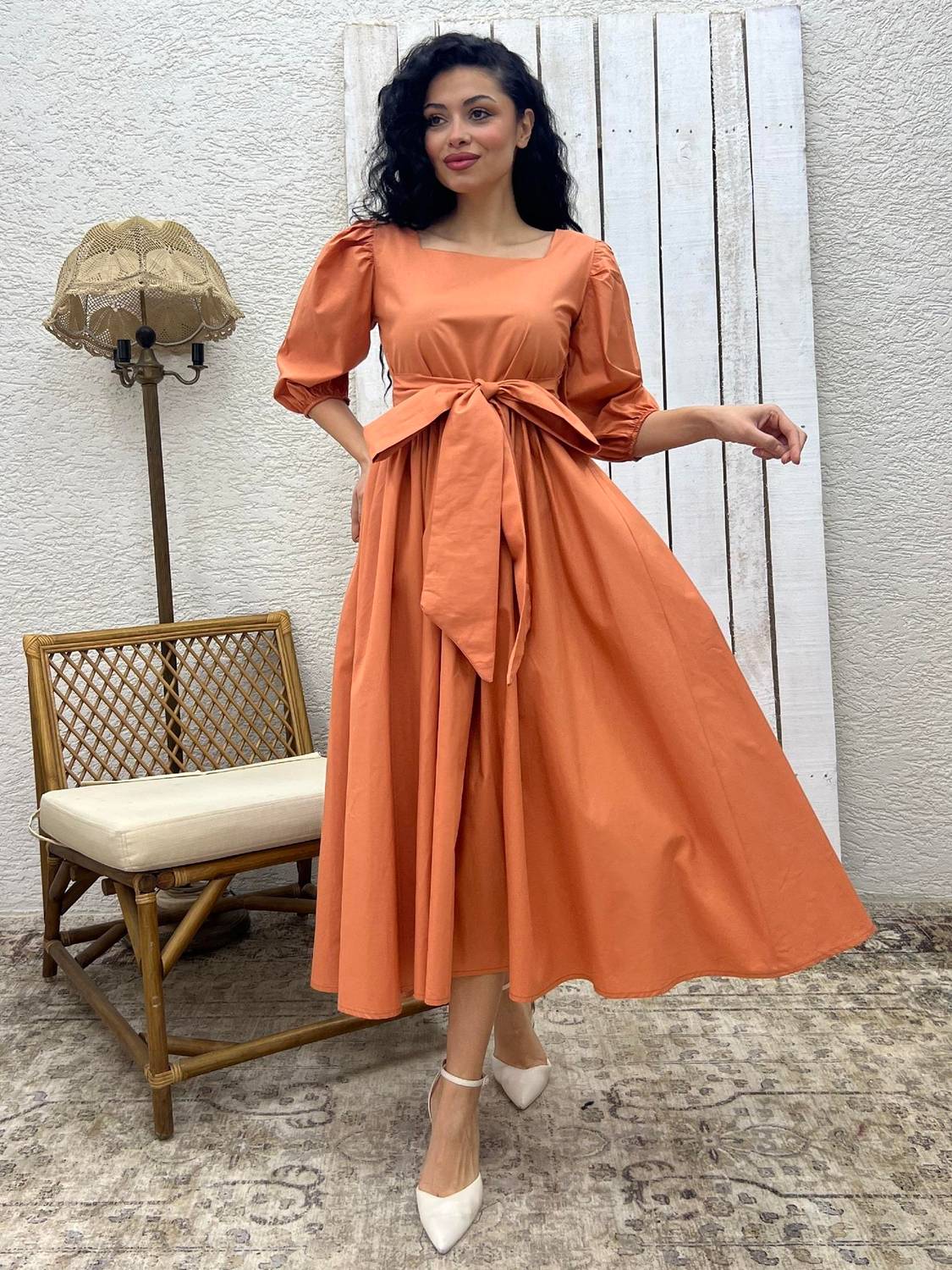 Somon Uzun Fiyonklu Kloş Poplin Elbise