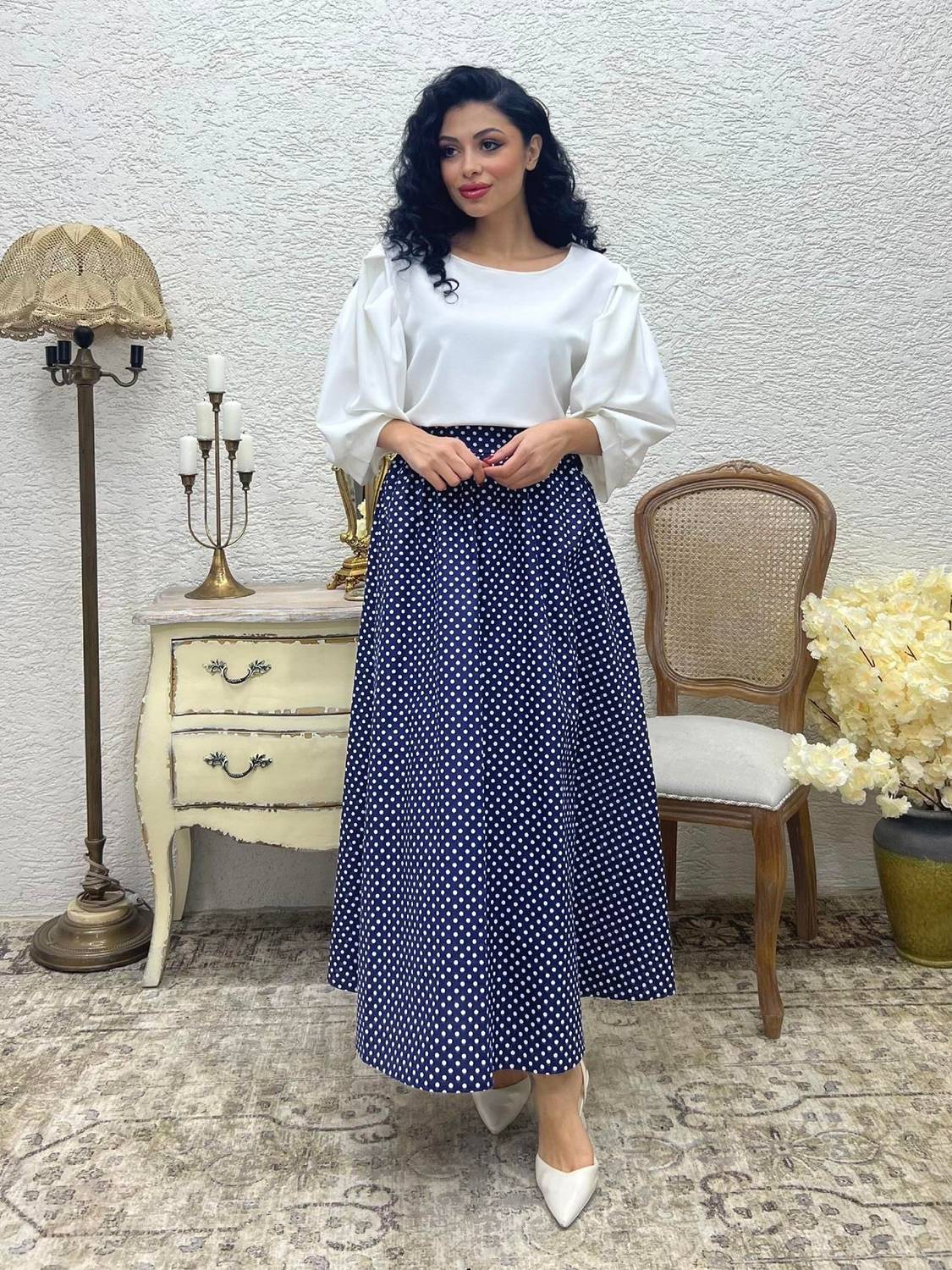 Puantiyeli Lacivert Renk Kloş Poplin Etek