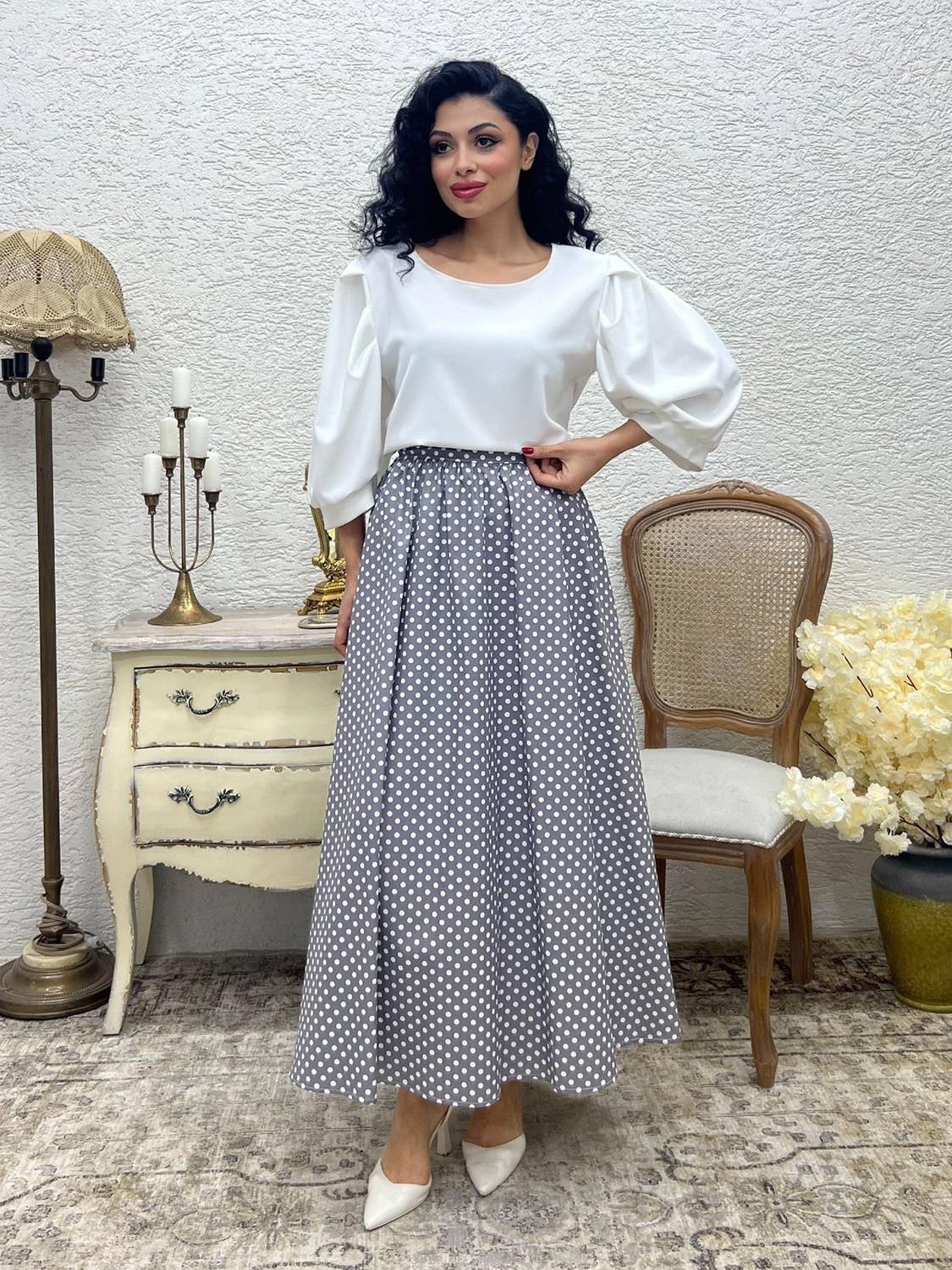 Puantiyeli Gri Renk Kloş Poplin Etek