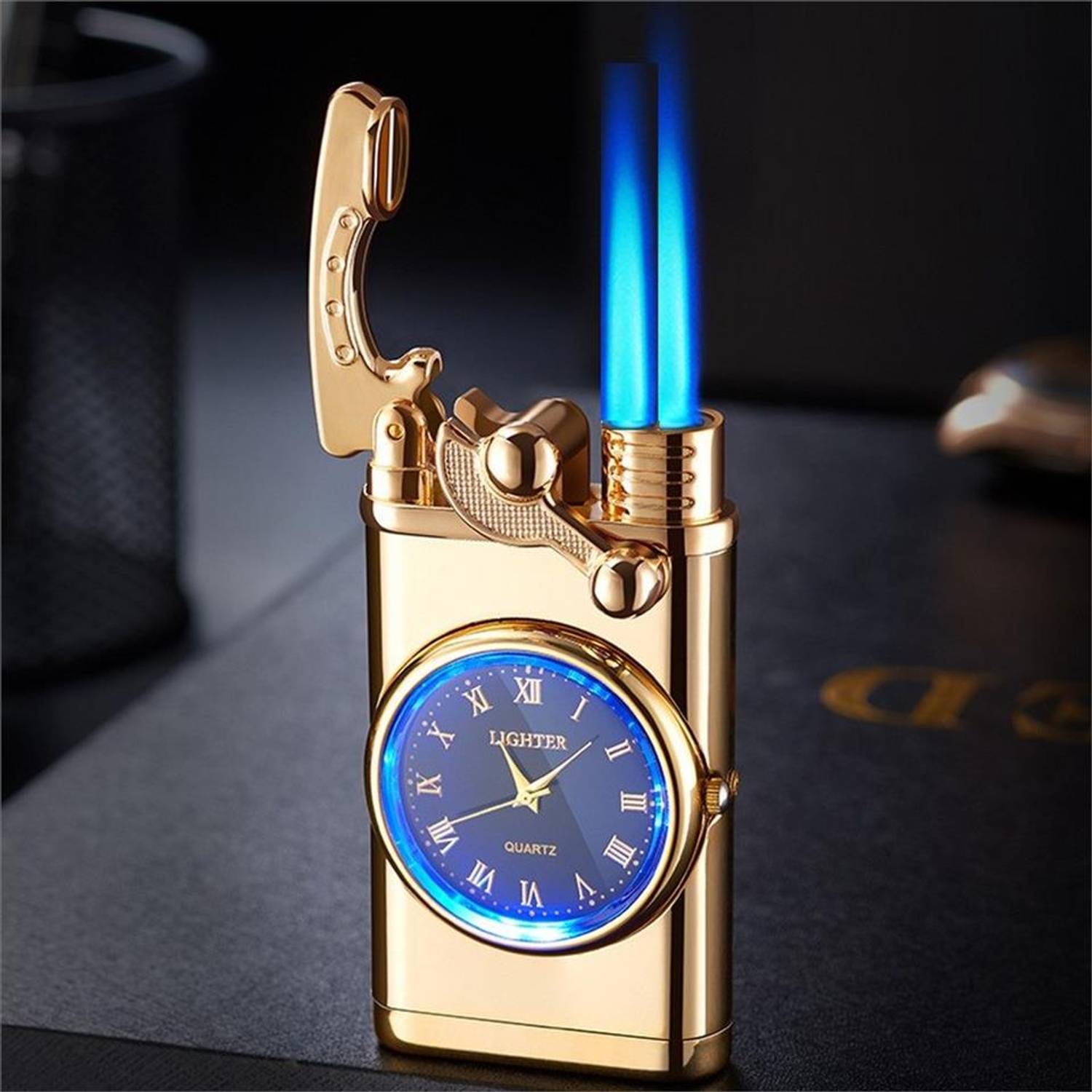 Double Torch Jet Lighter with Quartz Watch Gold