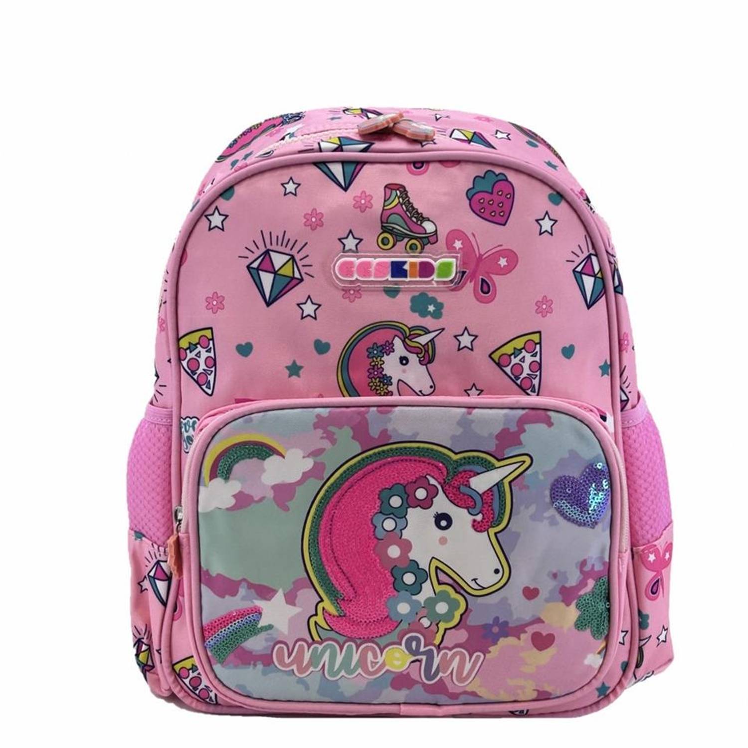 حقيبة ظهر مدرسية Ççs 51766 للأطفال باللون الوردي، مصنوعة من مادة بوليستر، تصميم مريح مع أكتاف قابلة للتعديل، حجم 31x24x13 سم