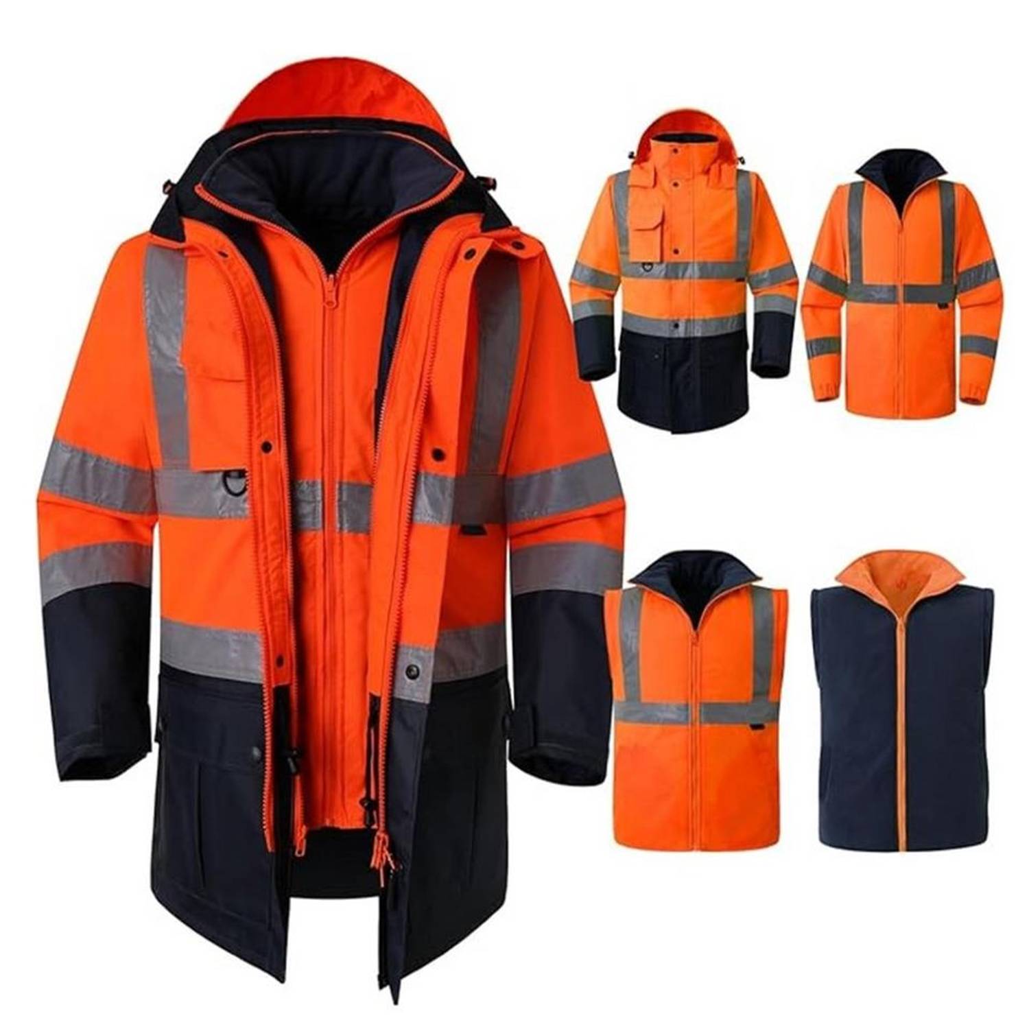 Куртка парка двухцветная 300D Oxford с отражателями оранжевая, высокая видимость, водоотталкивающая, 5 в 1, утепленная, EN 471, защитные материалы