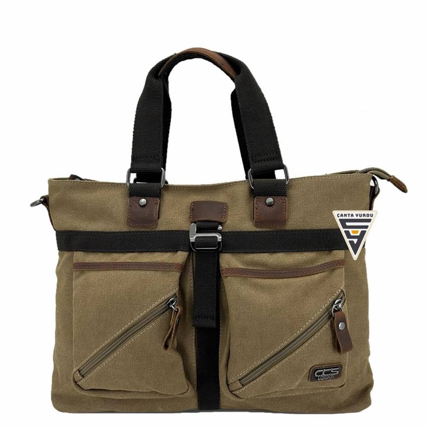 Мужская сумка из канваса ÇÇS London 31490 с ручкой и плечевым ремнем, цвет коричневый, размер универсальный, идеально для ноутбука и документов