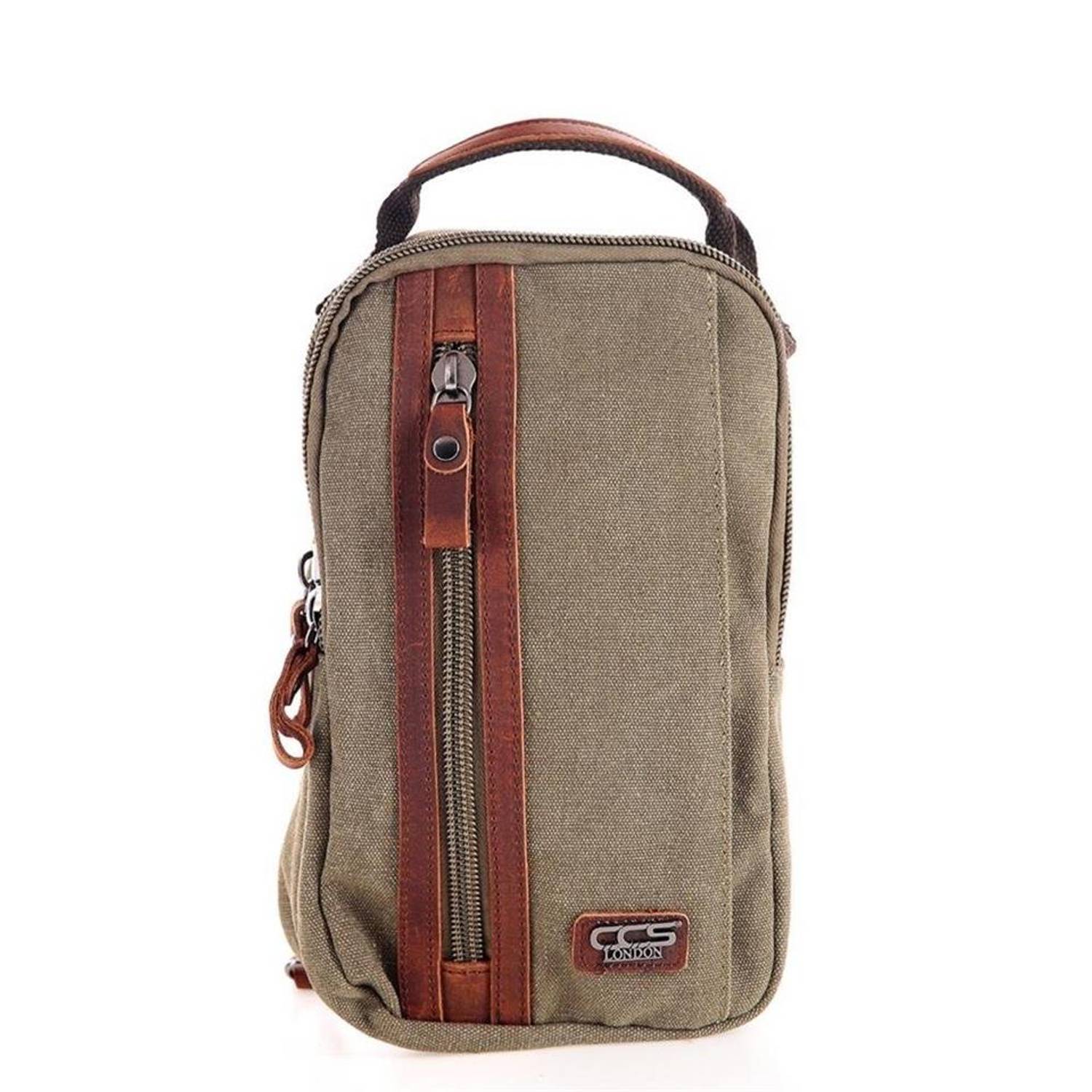 Канвас-сумка через плечо ÇÇS London 31468 зеленого цвета с двумя основными отделениями, регулируемым ремнем и натуральной кожей