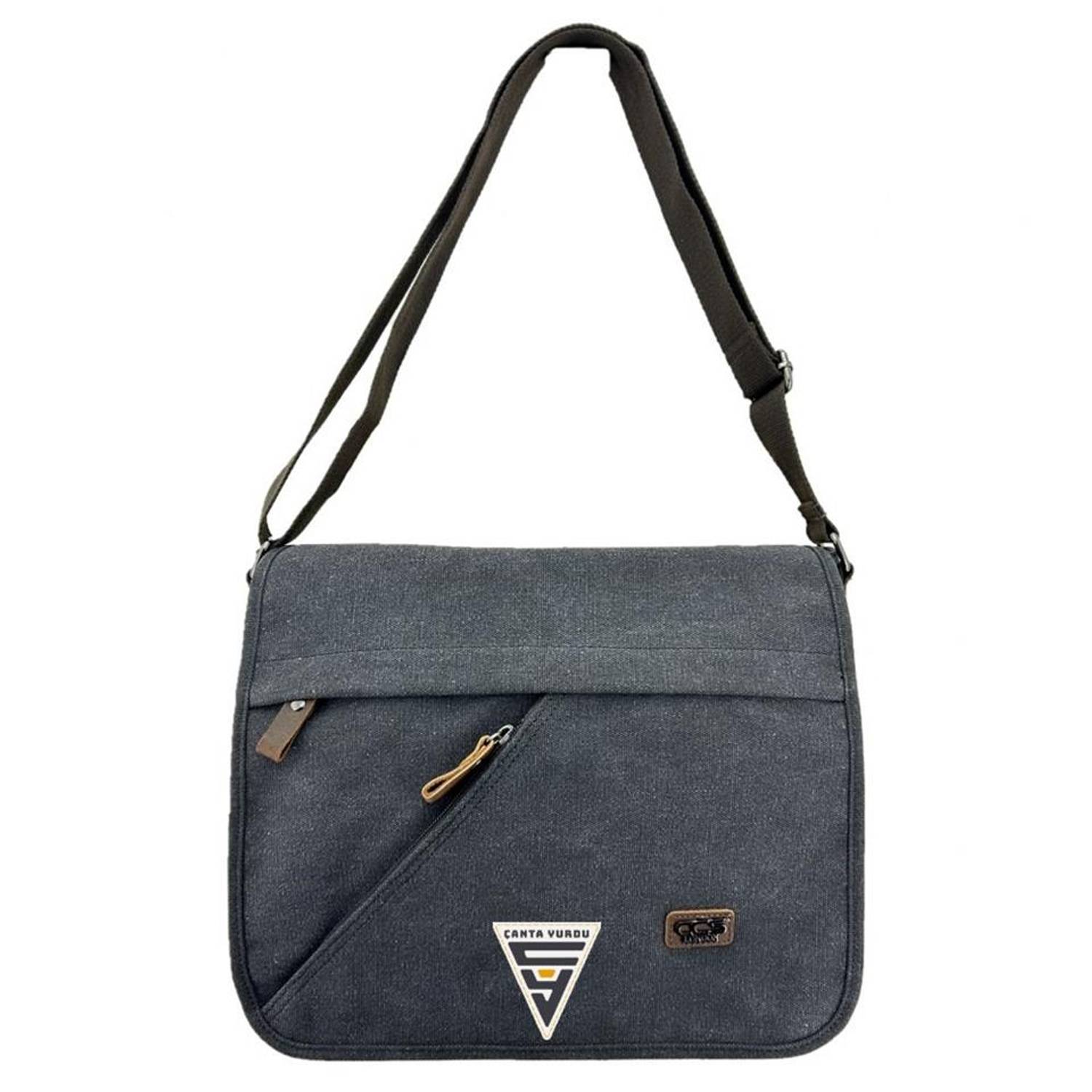 Чорна канвасна чоловіча сумка-поштар з відділеннями для планшета та ноутбука, регульованими ременями та якісними матеріалами