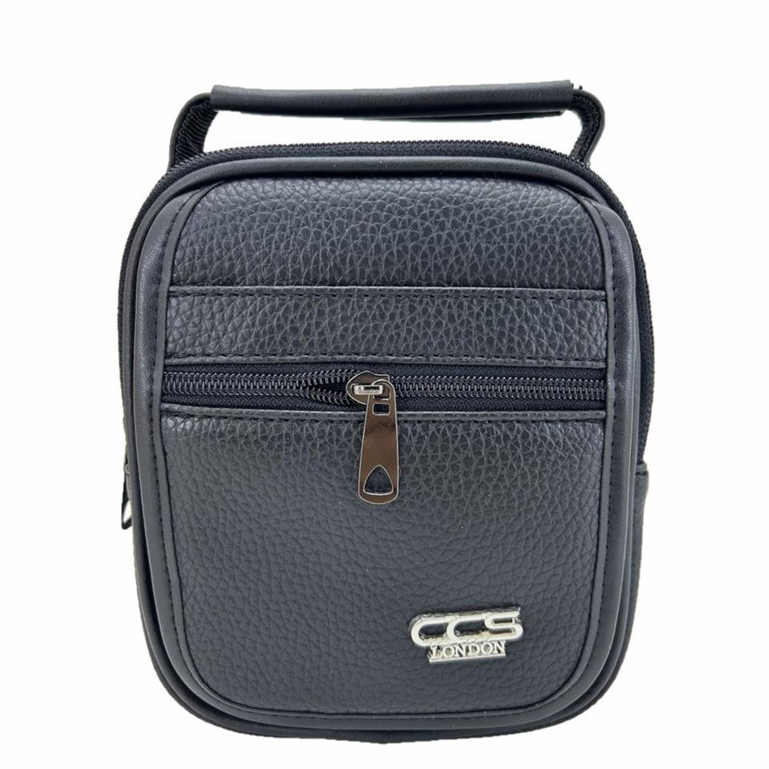 حقيبة يد كتف من جلد صناعي للرجال Ççs London 31500 سوداء مع مقصورتين بسحاب وغطاء مغناطيسي وأحزمة قابلة للتعديل