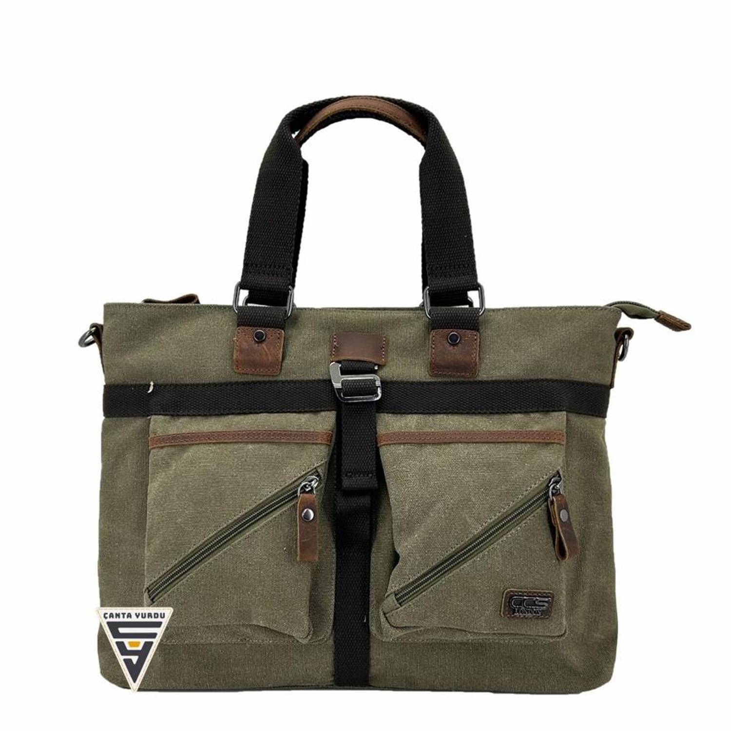 Ççs London 31490 Canvas Shoulder Strap Briefcase Khaki