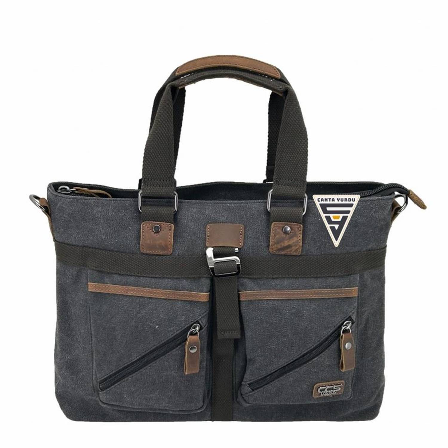 Канвасная сумка через плечо ÇÇS London 31490 черного цвета с отделением для ноутбука и двумя карманами на молнии