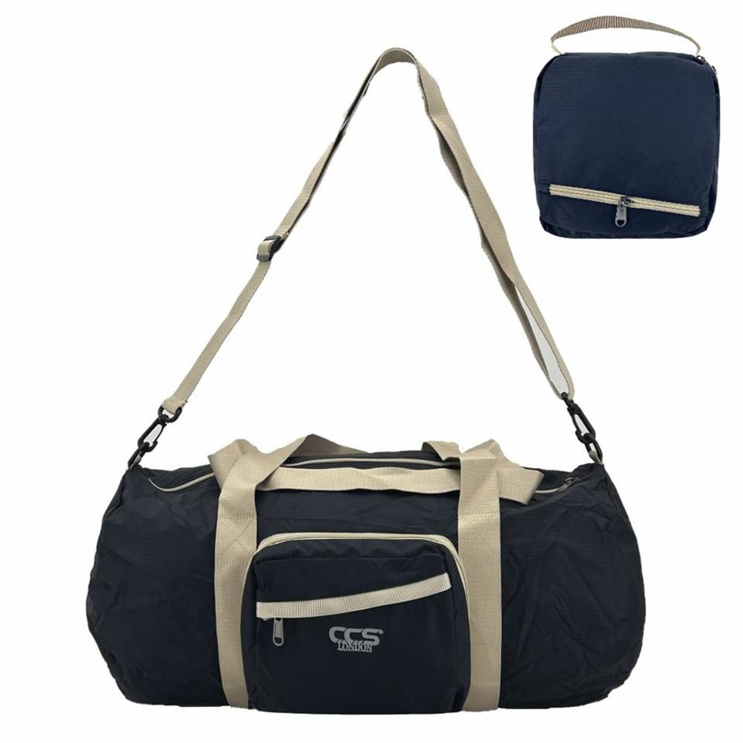 حقيبة سفر رياضية قابلة للطي من ÇÇS 40220، بحجم 50x26 سم، لون أسود، مزودة بجيب بسحاب وحزام كتف قابل للتعديل