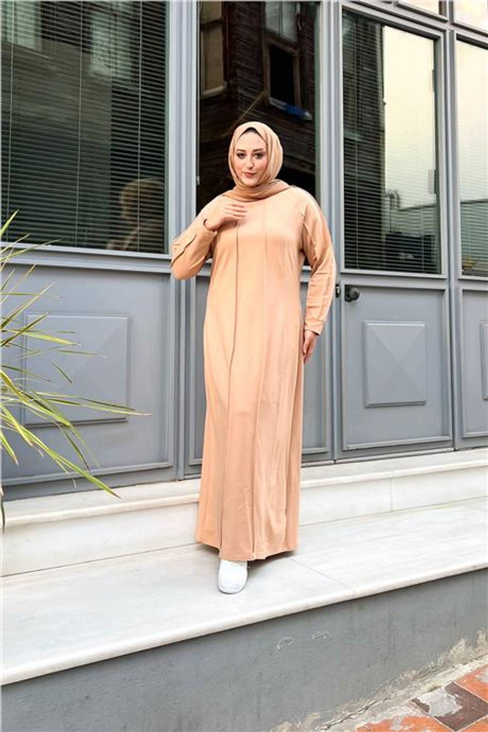 İkili Uzun Nevrül Detaylı Sade Basic Uzun Büyük Beden Spor Elbise - 12026.026 - Bej