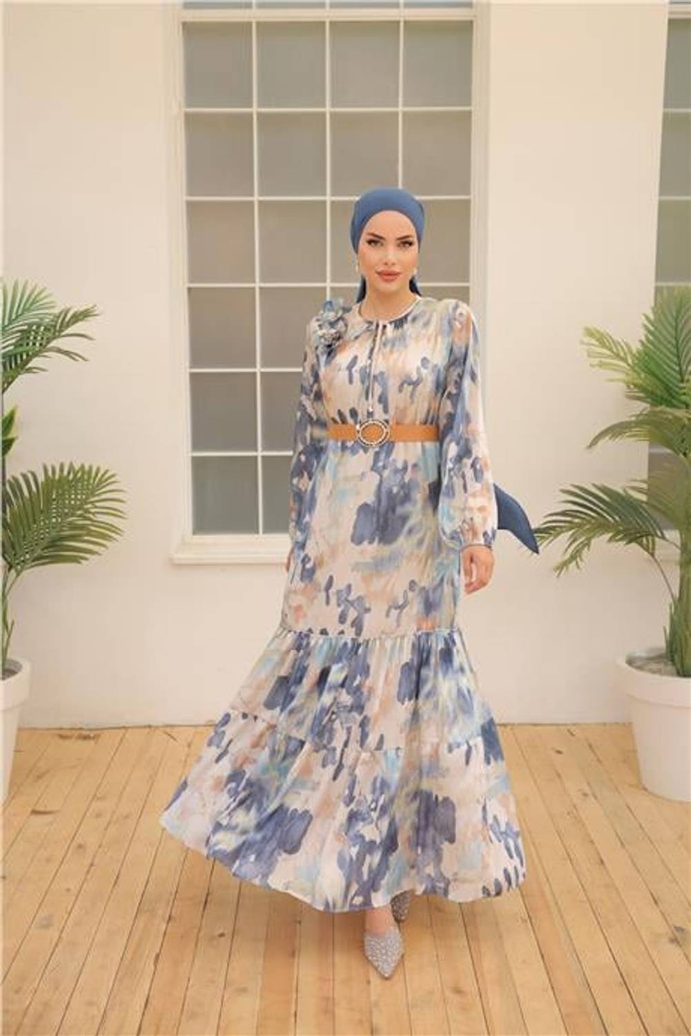 Yordo Desenli Toka Kemerli Uzun Saten Elbise - 50004.006 - İndigo