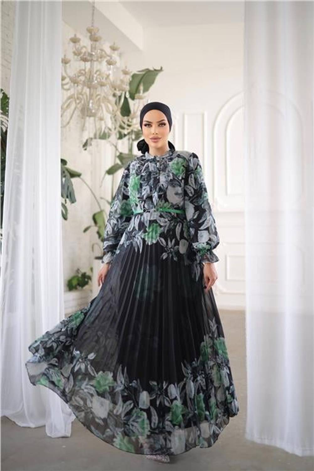 Платье из шифона с узором и шнуровкой на талии, зелёное, доступно в размерах 38-46