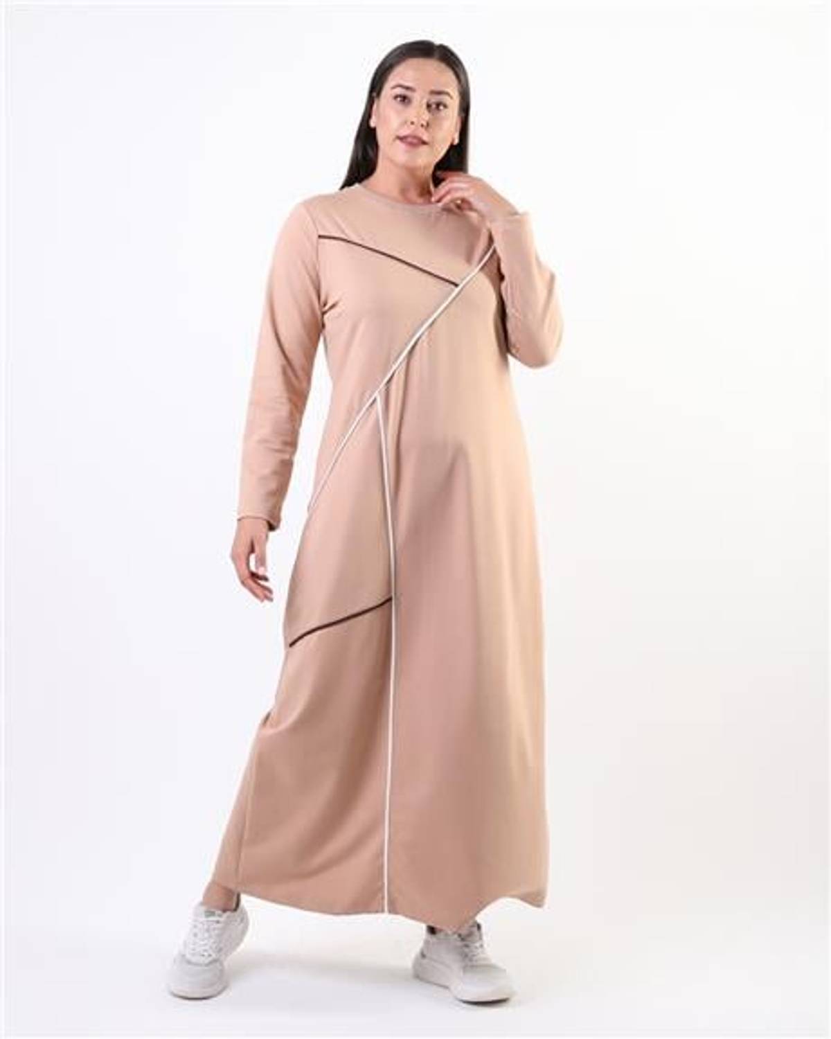 Zozo Renkli Şerit Geçişli Sade Basic Büyük Beden Spor Elbise - 12021.026 - Bej