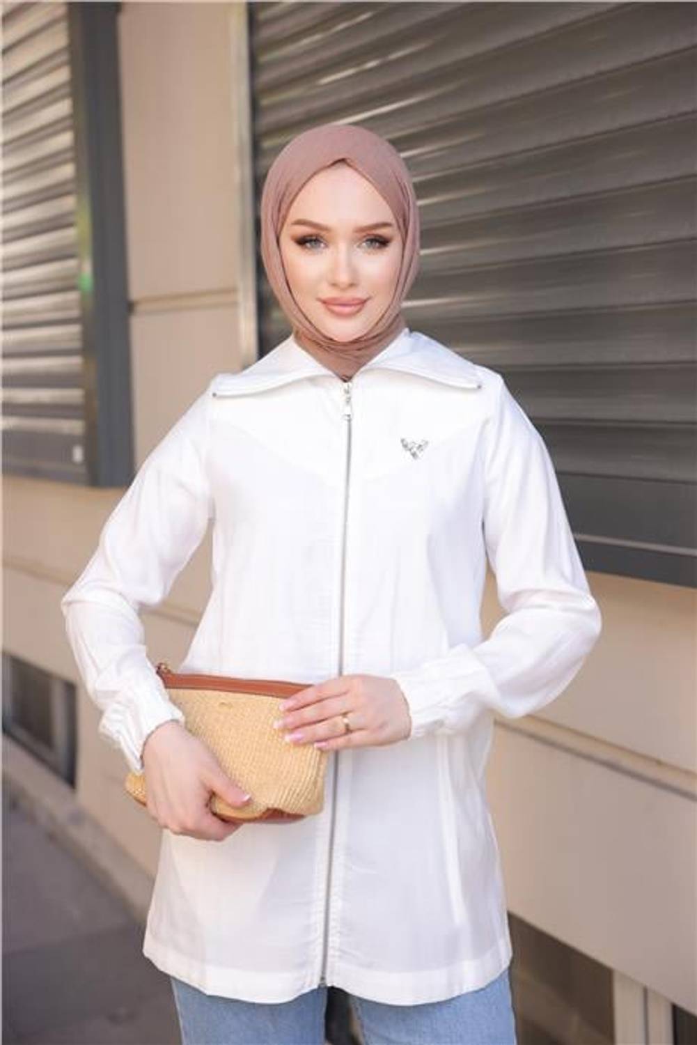 Destan Taş Detaylı Fermuarlı Sade Basic Ceket - 71139.023 - Krem