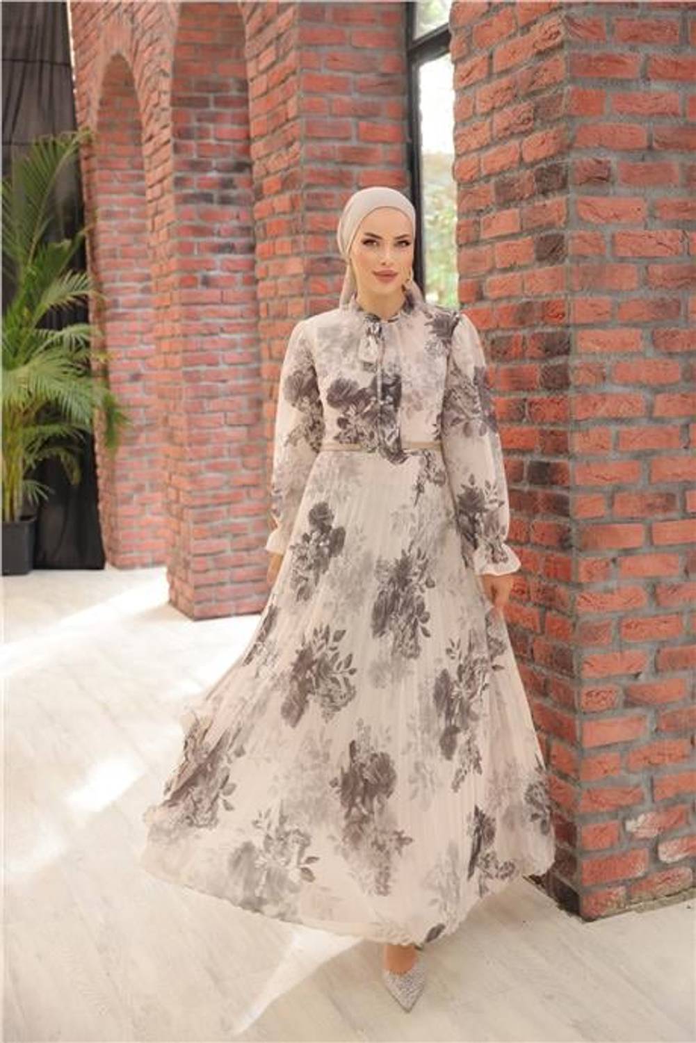 Boyun Bağcıklı Kemerli Desenli Uzun Şifon Elbise - 50011.027 - Ekru