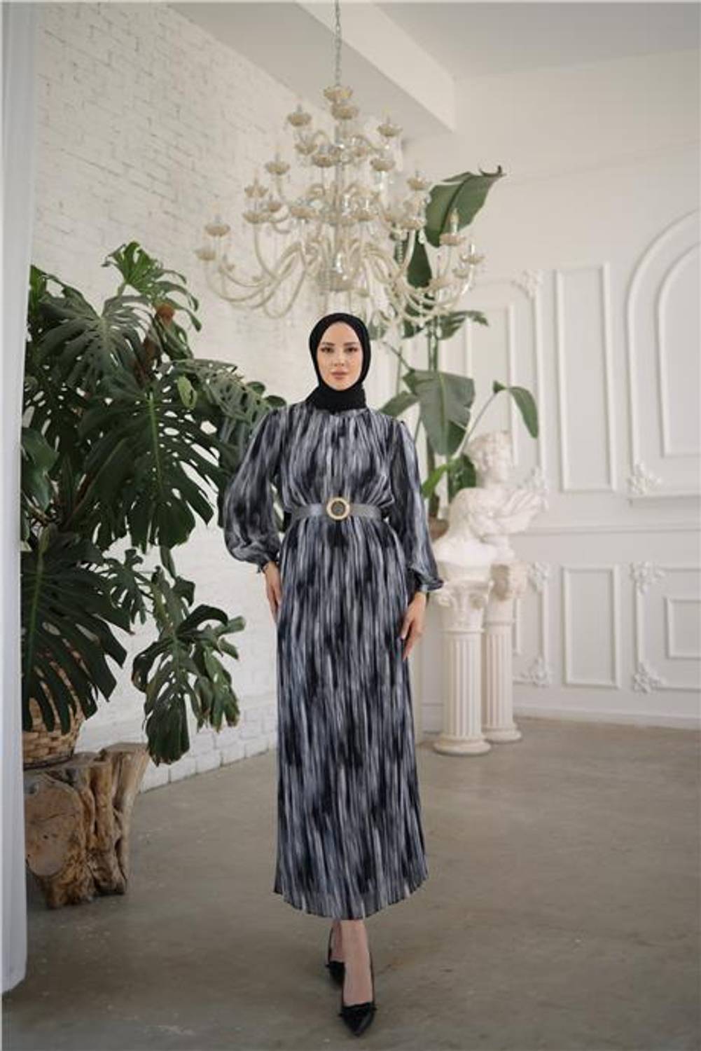 Toka Kemerli Uzun Çizgi Desenli Şifon Elbise - 50008.003 - Siyah