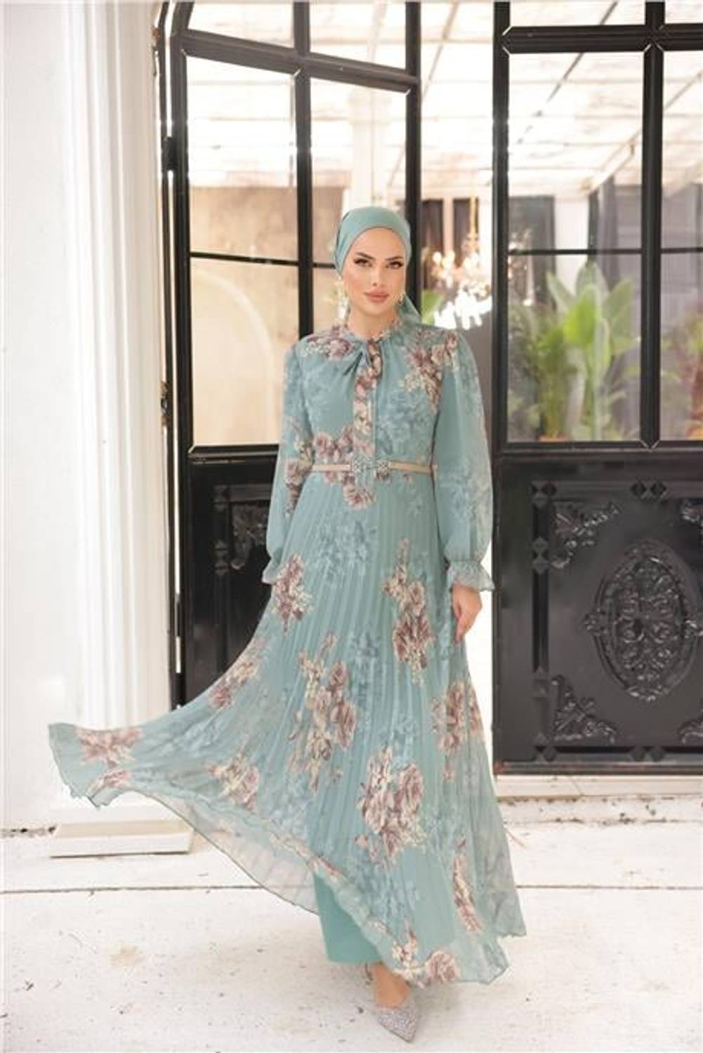 Boyun Bağcıklı Kemerli Desenli Uzun Şifon Elbise - 50011.100 - Çağla Yeşili