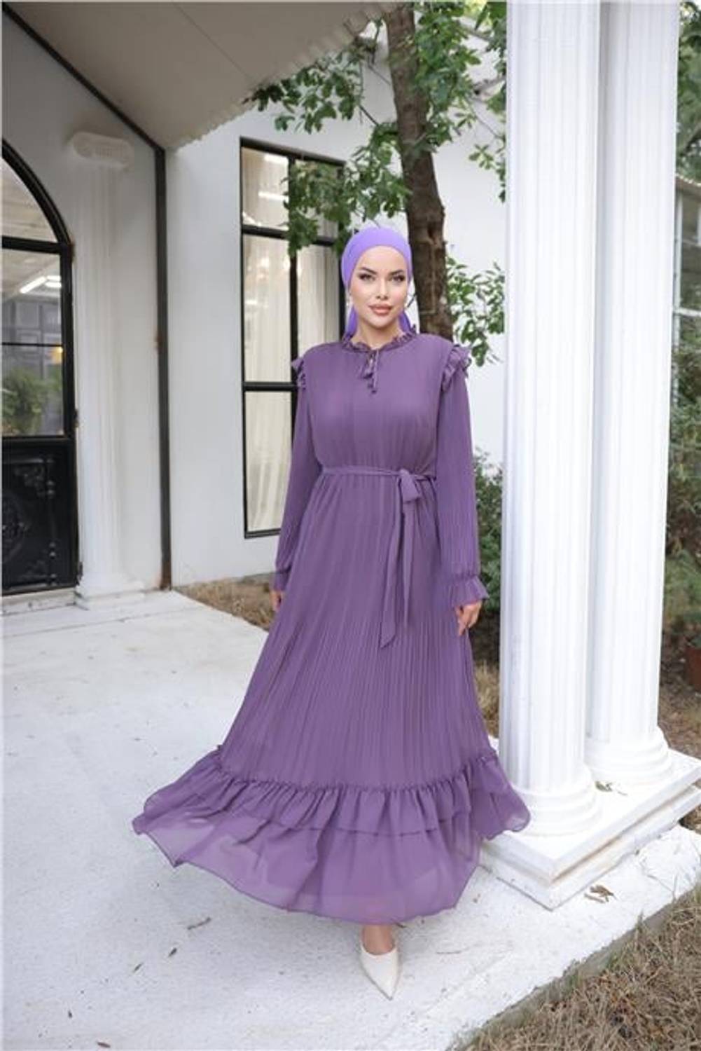Boyun ve Belden Bağcıkllı Sade Uzun Şifon Elbise - 50015.013 - Mor