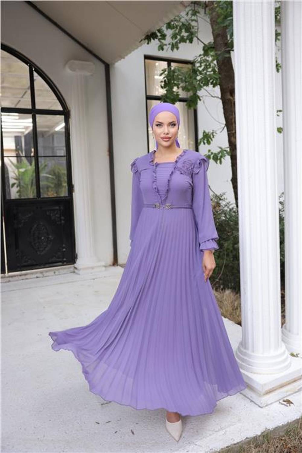 Тканевое платье с V-образным вырезом и поясом, длинное, шифоновое, цвет лиловый, размеры 38-46