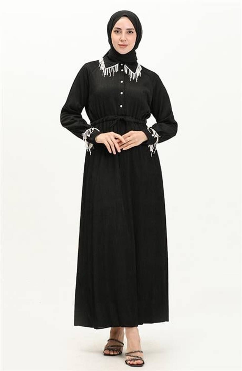 Платье для хиджаба Silvia Bürümcük с жемчугом, черное, размеры 38-46, коллекция 2023 зимы