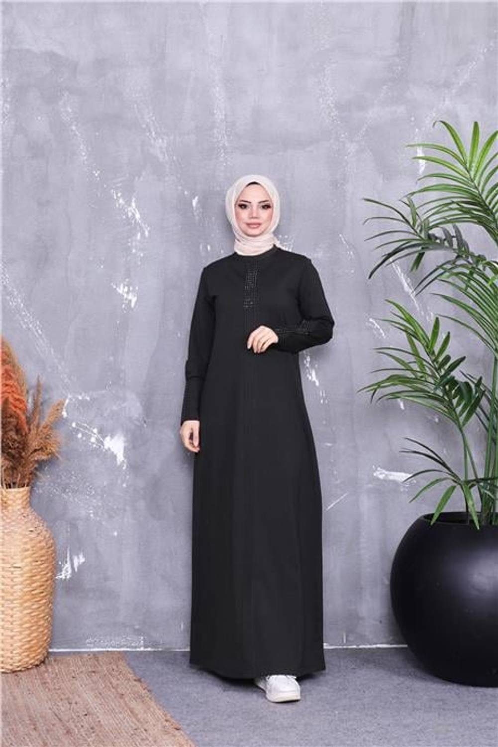 Kolları Taş Desenli Uzun Tesettür Elbise - 71186.005 - Haki