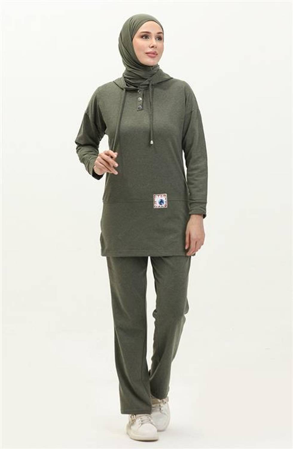 Kapşonlu Çıtçıtlı Sade Basic İkili Eşofman Spor Takımı - 03036.005 - Haki