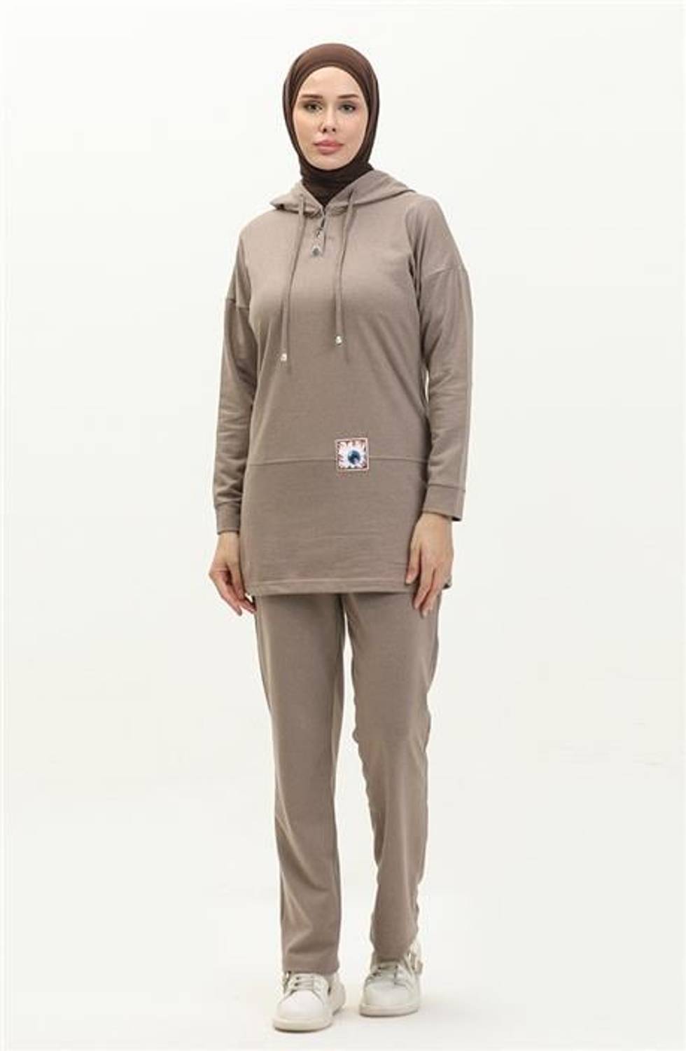 Kapşonlu Çıtçıtlı Sade Basic İkili Eşofman Spor Takımı - 03036.016 - Vizon